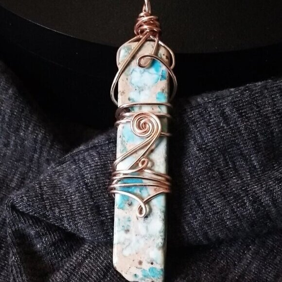 🍂🍁🍃 3/$25 Boho City Chic! Aqua Sea Sediment Bar Pendant! Rose Gold Wire Wrap - Picture 1 of 9